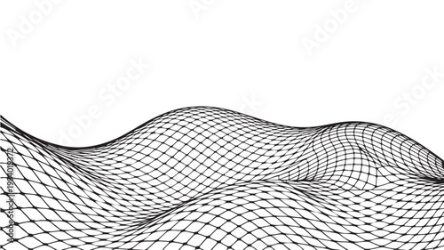 Grid Wave Pattern Mesh, Black Distorted Topography Vector for Abstract Technology Backgrounds