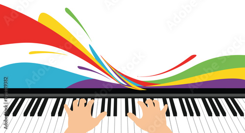 Human hands playing a piano keyboard with vibrant abstract colorful splashes and waves representing music notes and creative energy flows.