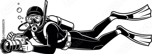 Black and white vector illustration of a scuba diver exploring underwater with a camera wearing full snorkeling gear and fins.