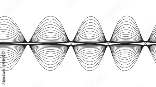 Audio Waveform Interference Pattern, Black Minimalist Sound Frequency Vector on White Background