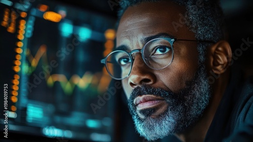 Person wearing glasses leans toward a glowing computer screen showing orange and teal financial charts in a dark room, face partially obscured by a blurred rectangle, focused and concentrated