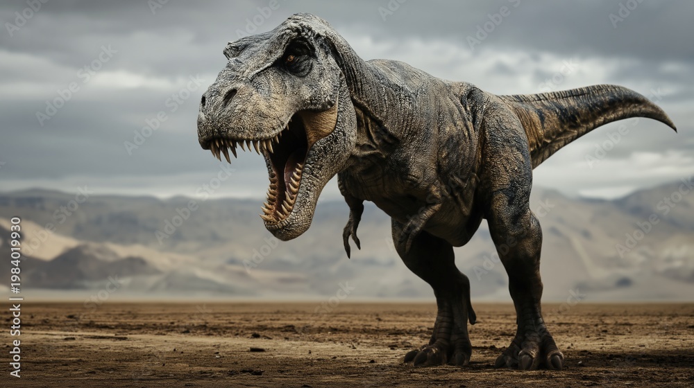 Fototapeta premium Tyrannosaurus Rex dinosaur roaring in a prehistoric landscape