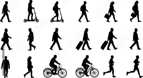 Set of vector silhouette illustrations featuring diverse people walking, running, cycling, riding electric scooters, and commuting isolated on white background.