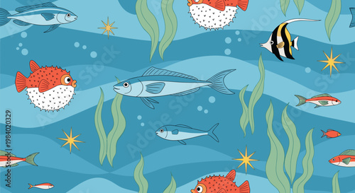 Vibrant seamless pattern of an underwater world with various colorful fish, pufferfish, green seaweed, and stars on a blue background.