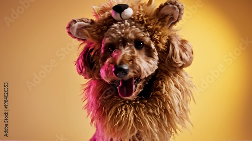 Adorable Poodle Dog Wearing a Lion Costume, Sitting and Looking at the Camera With a Happy Expression