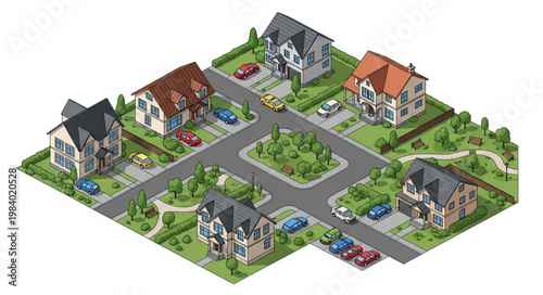 Isometric View of a Suburban Neighborhood with Houses and Cars.