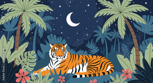 Powerful tiger resting in a tropical jungle under a crescent moon and starry night sky surrounded by palm trees and colorful flowers.