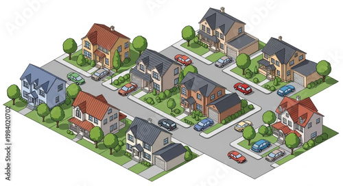 Isometric View of a Suburban Neighborhood with Houses and Cars.