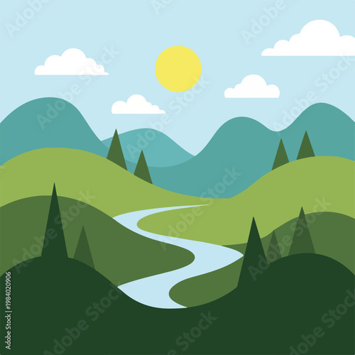 Mountain landscape with green hills.