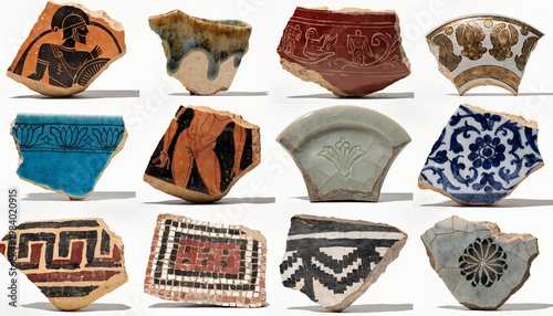 Ancient Pottery Shards Archaeological Ceramic Fragment Collection Grid Twelve Specimens Greek Roman Chinese Egyptian Persian Mayan Islamic Korean Isolated On White Background Studio Photography