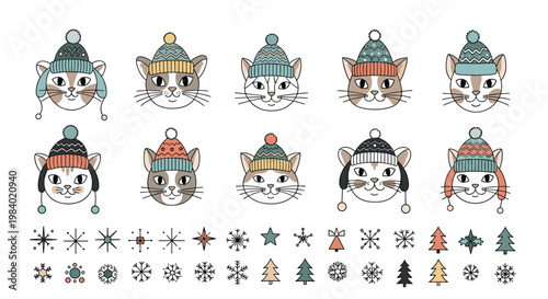 Large set of cute cat faces wearing various colorful winter beanies and hats with a selection of stars, trees, and snowflakes below them.