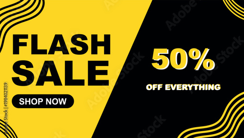 Flash sale banner with fifty percent discount and yellow diagonal background