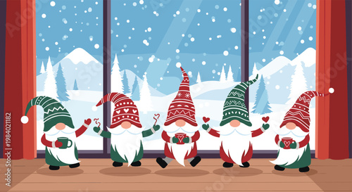 Five cozy gnomes wearing winter hats drinking mugs of cocoa while sitting in front of a window looking out at a snowy mountain landscape.