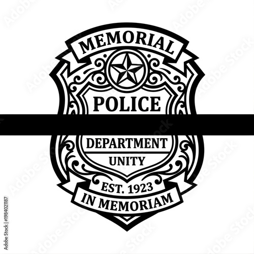 Police Memorial Badge Vector Set with Black Mourning Band and In Memoriam Text