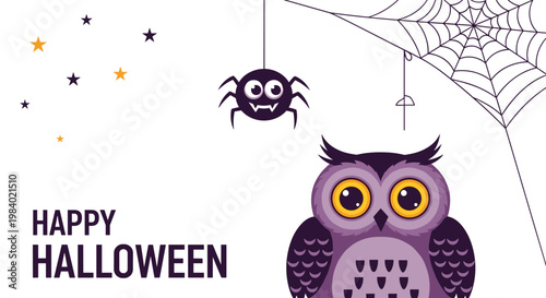 Happy Halloween greeting card design with a big purple owl, a hanging spider from a web, and stars on a clean white background.