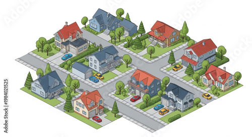 Isometric View of a Suburban Neighborhood with Houses and Streets.