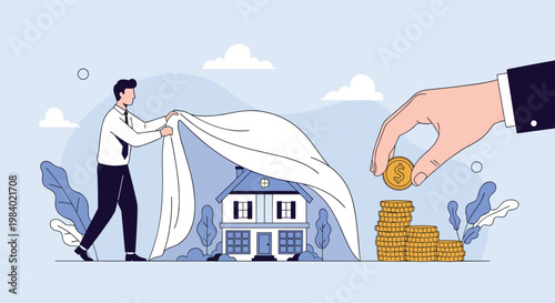 Man revealing a new house from under a white sheet while a large hand stacks gold coins representing property investment.