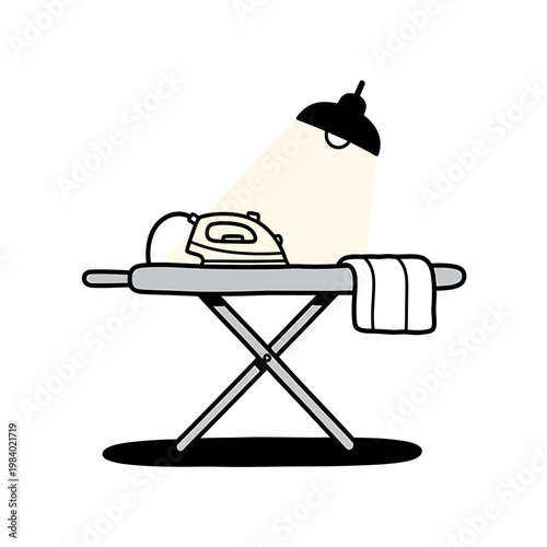 Vector illustration of an ironing board and iron under a lamp