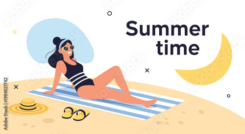 Young woman in a striped swimsuit sunbathing on a blue and white towel at the beach with a sun hat and flip flops.