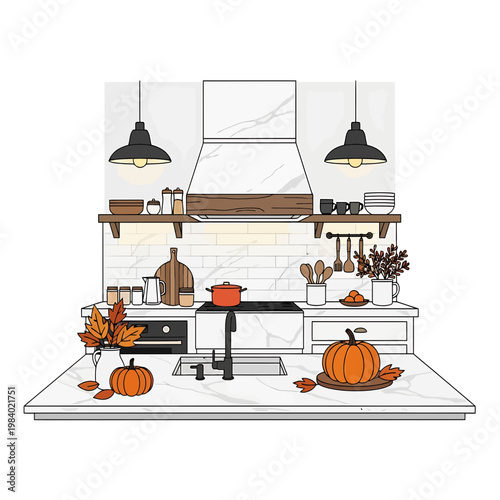 Modern Kitchen Interior Illustration with Autumn Thanksgiving Decor