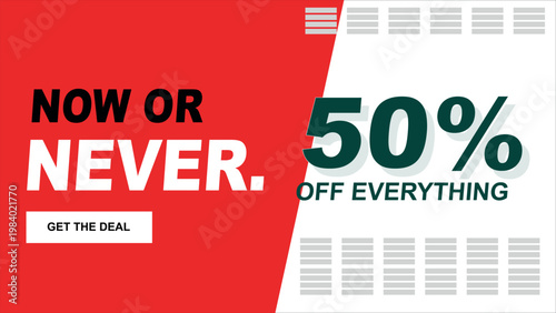 Promotional retail header featuring storewide half price deal and red background