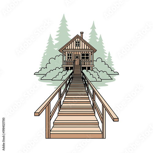 Wooden cabin in the forest with long stairway vector illustration