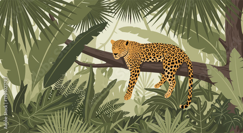 Majestic leopard sleeping on a tree branch in a dense tropical jungle surrounded by various species of green exotic plants.