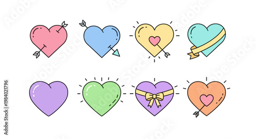 Colorful hearts with arrows and ribbons.