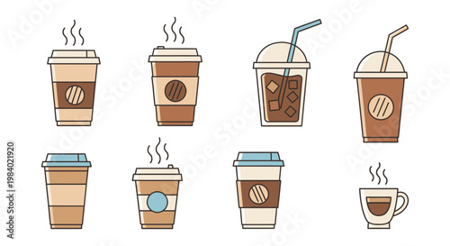 Variety of coffee cups and drinks.