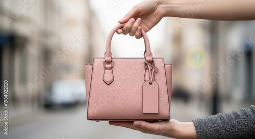 A pink leather handbag with a tag being held by two hands on a city street