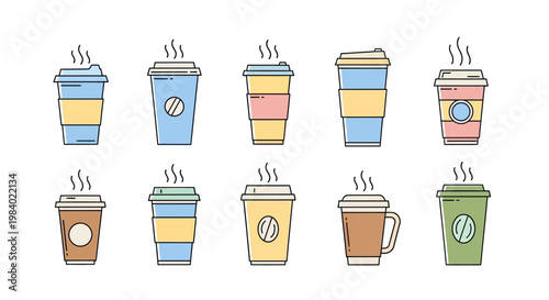 Colorful disposable coffee cups with lids.