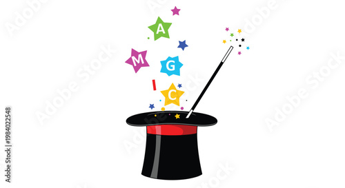 Magician top hat with a black wand and colorful magic stars floating out with letters spelling the word magic.