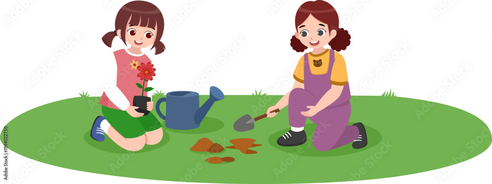 Obraz premium Happy Kids Planting Flowers Together, Gardening Activity for Children, Earth Day Eco Friendly Illustration