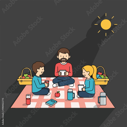 People sitting on picnic blanket outside.