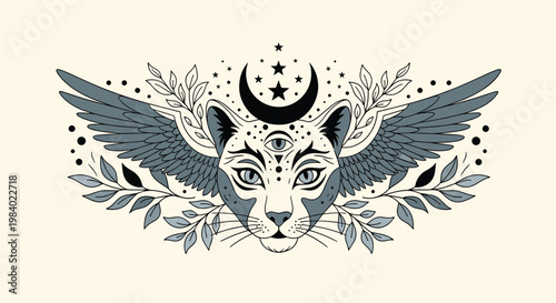 Winged cat head illustration with a third eye and crescent moon surrounded by botanical leaves in a mystical tattoo style.