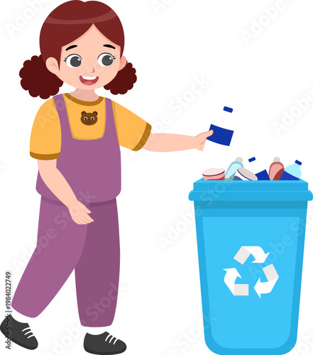 Kids Recycling Plastic Waste, Cute Girl Sorting Trash, Eco Friendly Illustration
