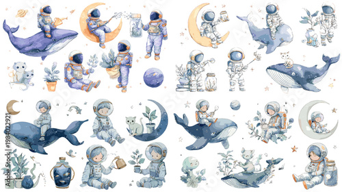 Watercolor dreamy space collection with children, whales, moons and stars, perfect for nursery decor, bedtime illustrations, baby products and whimsical celestial designs.