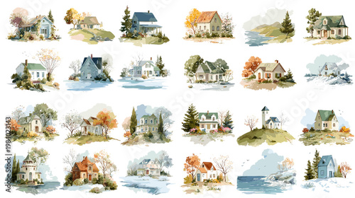 Watercolor countryside house collection with cottages, snowy cabins and village homes, ideal for storybook scenes, real estate art, travel prints and seasonal landscapes.