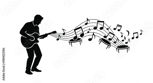 Musician silhouetted playing guitar with flowing musical notes creating a vibrant melody.