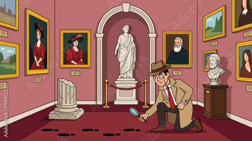 Detective in Trench Coat Examining Footprints with Magnifying Glass in Art Museum Gallery Cartoon Illustration