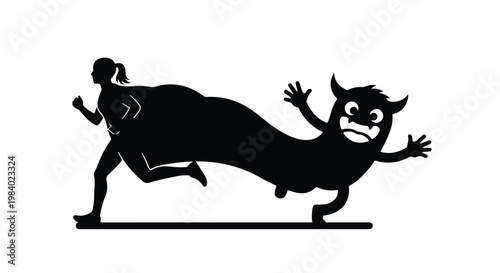 Silhouette of a woman in a superhero cape running away from a cartoon monster