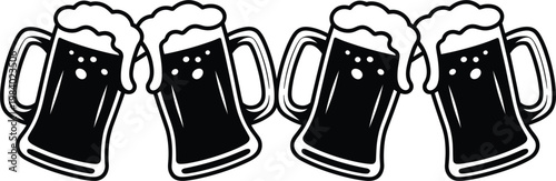 Beer mugs cheers silhouettes set, clinking glasses vector illustration for celebration, party, festival