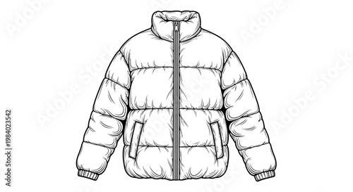 Detailed line art illustration of an isolated puffer jacket, a warm outerwear design with a zipper, shown as a flat vector icon against a clean white background with a minimalist technical