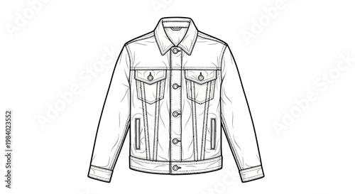 Detailed vector illustration of a classic denim jacket, rendered as a clean-lined fashion design icon with button closures and chest pockets, presented in a technical flat sketch style