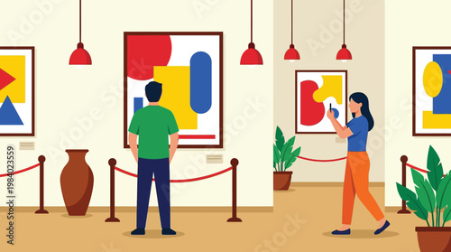 Modern Art Gallery Interior with Visitors Viewing Abstract Paintings and Using Smartphone for Exhibition