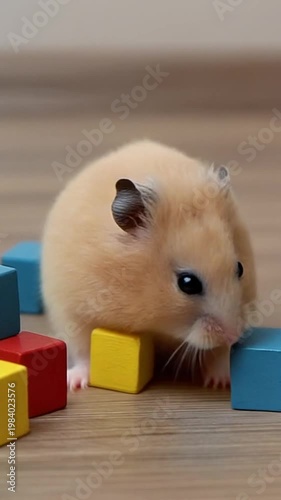 Cute hamster playing with colorful blocks on wooden floor