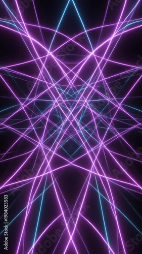 Colorful neon laser beams crisscrossing in darkness