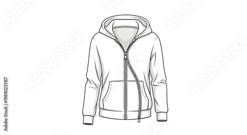 Detailed vector illustration showing the design of a zippered hoodie with a kangaroo pocket and a hood, presented as a technical flat sketch against a clean white background for fashion