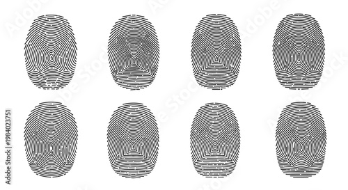 Set of eight unique black fingerprint patterns isolated on a white background representing individual identity and forensic science.
