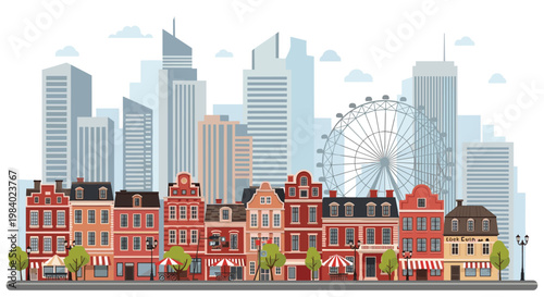 Picturesque urban landscape featuring a row of traditional red brick houses in front of a modern city skyline with a ferris wheel.